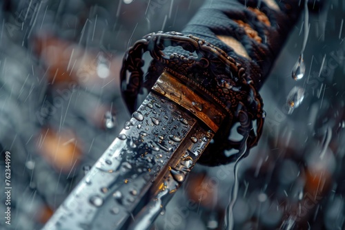 Close up shot of a knife in the rain. Suitable for crime or thriller themes