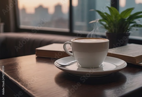 Wallpaper Mural cup of hot coffee and tea on wood table besides window Torontodigital.ca