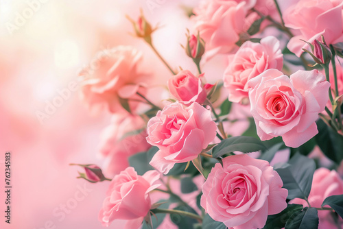 Bouquet of light pink and beige roses with soft focus. Pink blooms on a beige-pink gradient background with space for text. Concept for congratulations, wedding day, mother's day © ArtMajestic