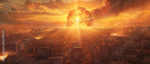Apocalyptic blast over city golden hour lighting