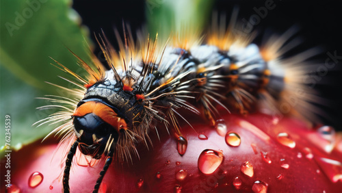 Fluffy caterpillar on a red apple © علي أبو أحمد