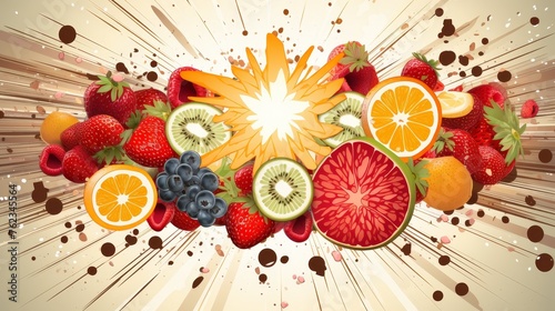 Dynamic fruit explosion background, vibrant colors, pop art style background, food concept, watercolor, banner © Anzhela