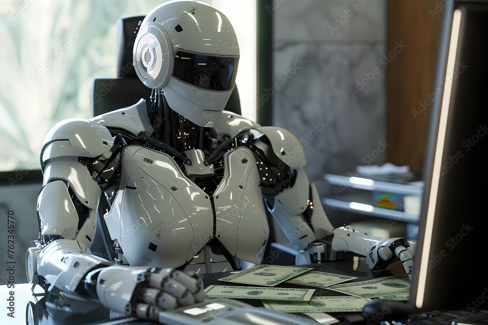 Robot Counting Money at Futuristic Workstation Pondering Success Robot Counting Money at Futuristic Workstation Pondering Success