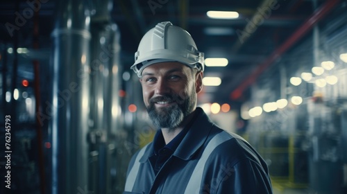 A man wearing a hard hat in a factory. Suitable for industrial concepts