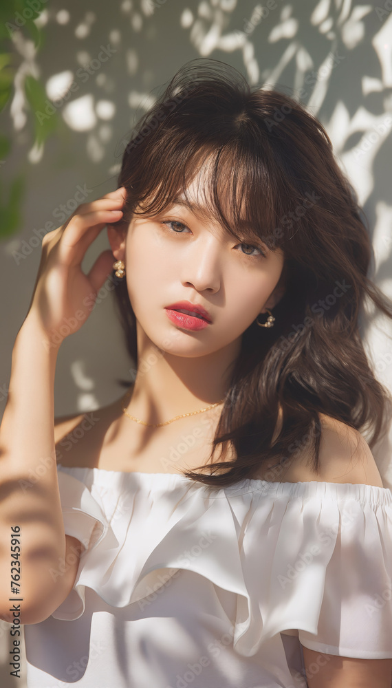 portrait of a young beautiful korean woman with plants and white background portrait of a young beautiful korean woman with plants and white background