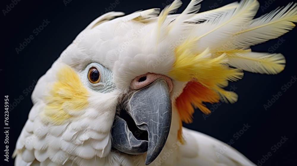 Close up of a white parrot with yellow feathers, perfect for nature-themed designs