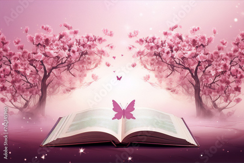 Pink surreal forest with butterflies and an open book. © ahmednadia