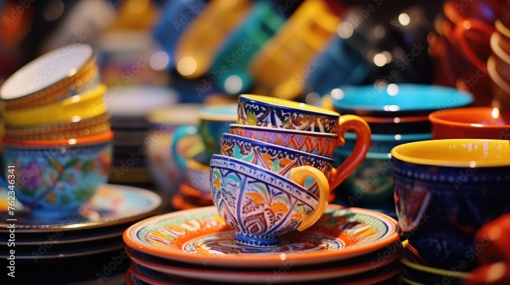 Colorful cups and saucers arranged on a table, perfect for kitchen or dining concepts
