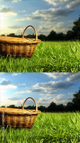 Wicker basket in a grassy field, contrasting daylight and shadow.
