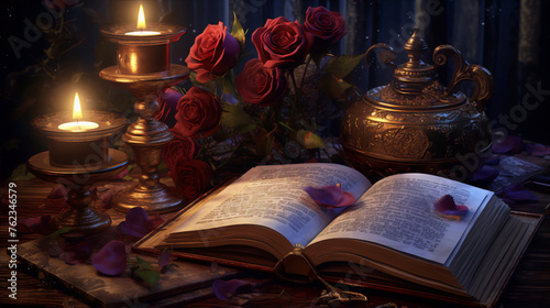 Still life with red roses, candles and open book