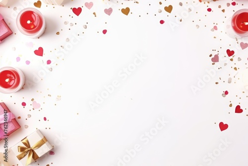 White background decorated with red candles, gifts, and a variety of heart confetti, perfect for Valentine's celebrations.
