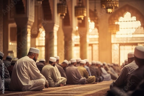 Group of men sitting on the floor of a mosque, suitable for religious or cultural themes