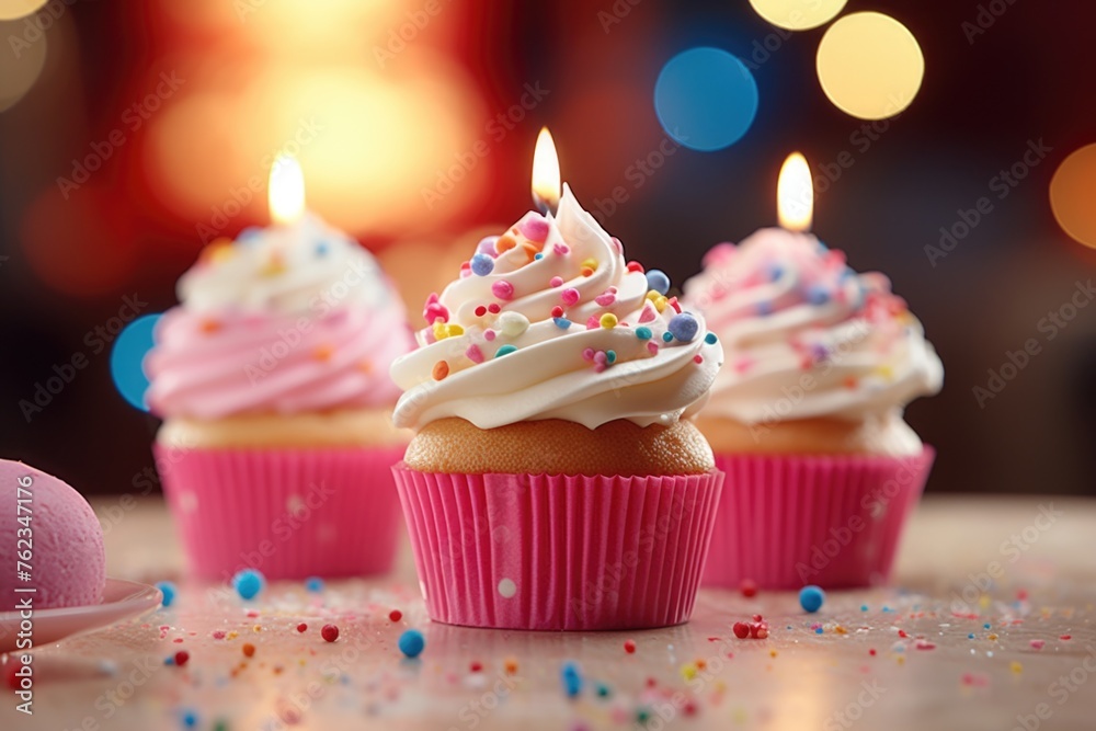 Three delicious cupcakes with white frosting and colorful sprinkles on a table. Perfect for bakery and dessert themed designs Three delicious cupcakes with white frosting and colorful sprinkles on a table. Perfect for bakery and dessert themed designs