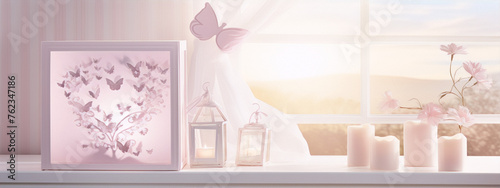 A delicate scene of butterflies, soft colors, and candles.