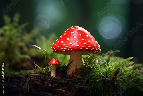 Distinctive Red toadstool mushroom. Toxic fungus. Generate Ai