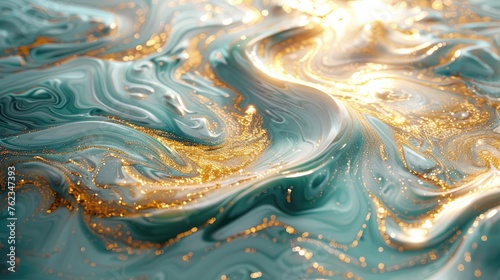 3d render, abstract liquid background with golden sequins in water © Katsiaryna