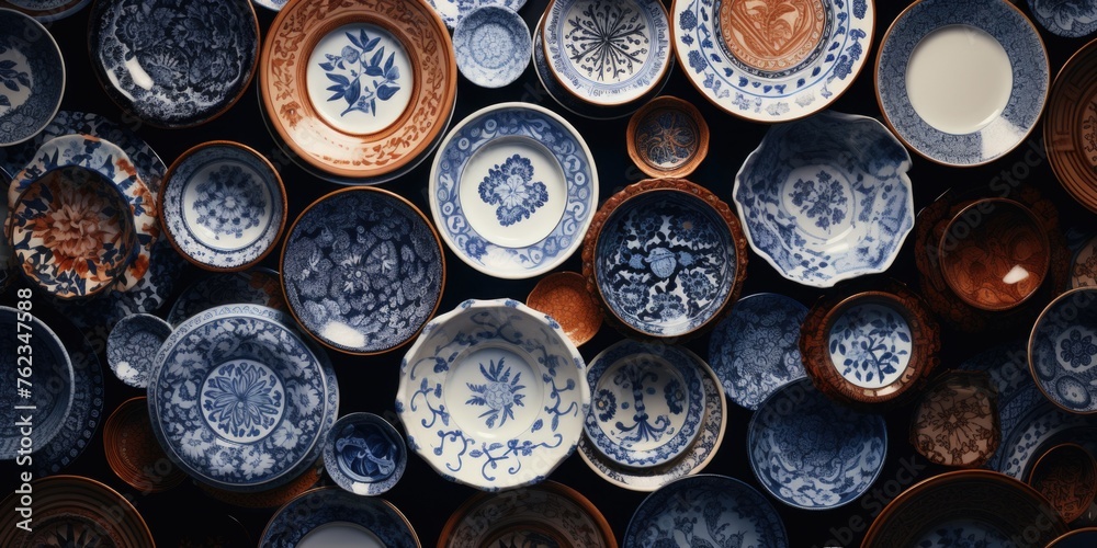 A collection of blue and white plates and bowls on a wall. Perfect for kitchen or dining room decor A collection of blue and white plates and bowls on a wall. Perfect for kitchen or dining room decor