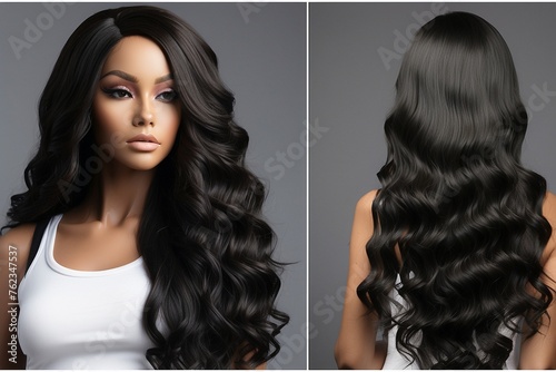 female display mannequin with long dark brown lace wig front and back
