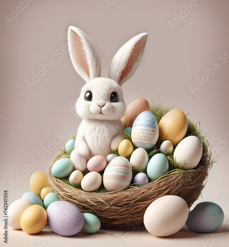 Cute bunny with Easter eggs in a basket