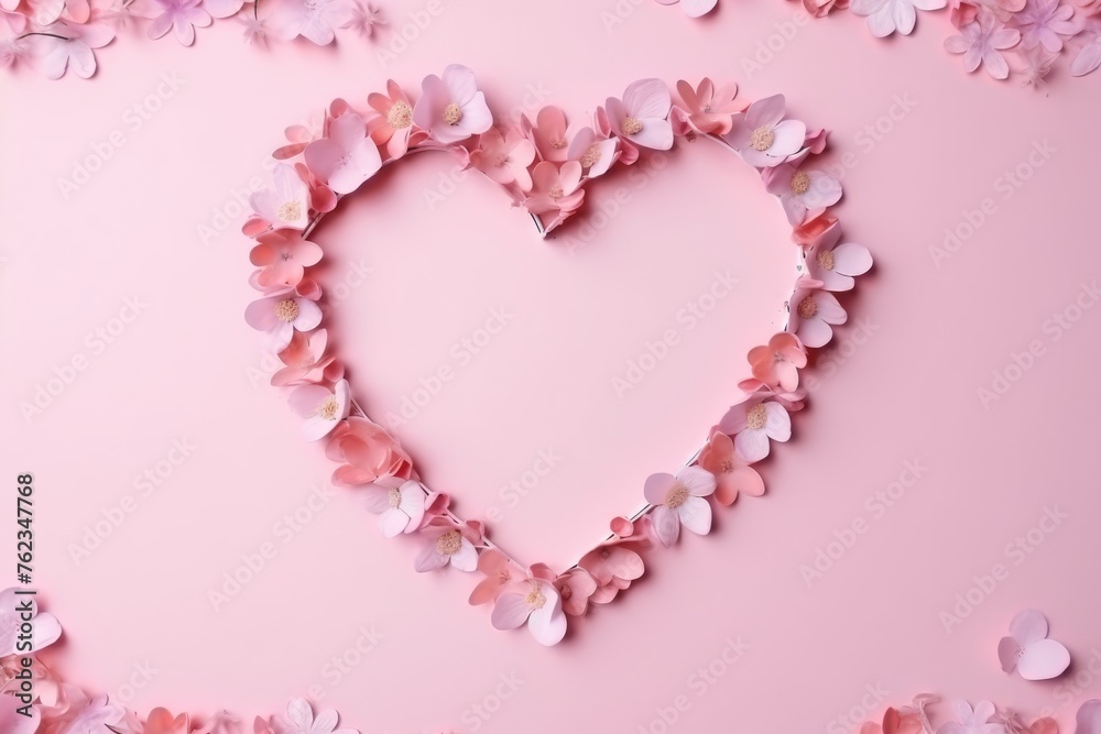 Frame of pink flowers and hearts on a pastel background.