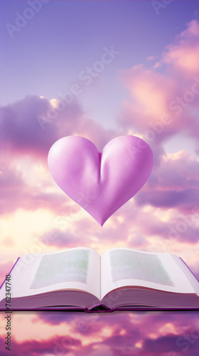 Pink heart floating above open book against dreamy purple sky