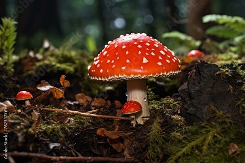 Ominous Red toadstool mushroom danger. Season moss. Generate Ai