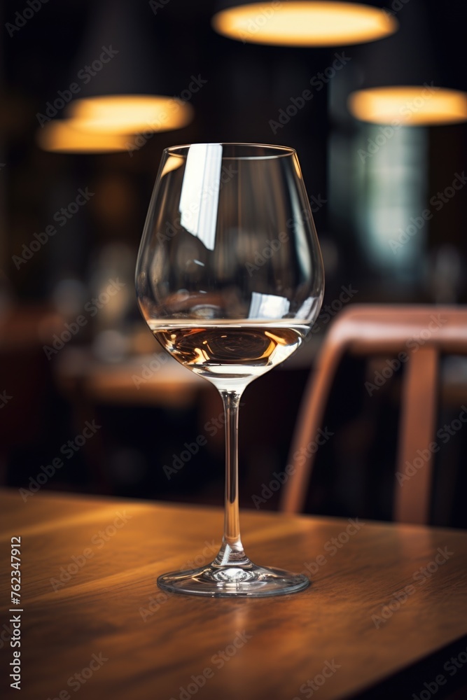 A wine glass on a rustic wooden table, perfect for restaurant or winery promotions A wine glass on a rustic wooden table, perfect for restaurant or winery promotions