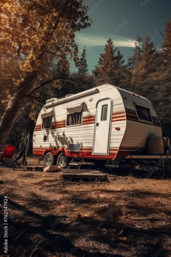 An old camper parked in the woods, perfect for outdoor enthusiasts An old camper parked in the woods, perfect for outdoor enthusiasts