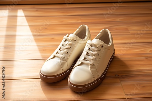 a pair of white shoes on a wood floor