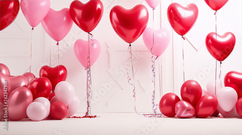 Heart-shaped balloons in red and pink, a celebration of love.
