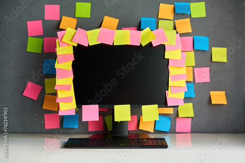 Computer monitor full of blank colorful sticky notes reminders