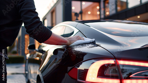 Hand polishing a black car with a microfiber cloth.