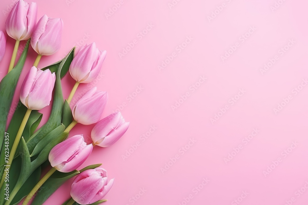 Pink tulips arranged on a pastel pink surface.