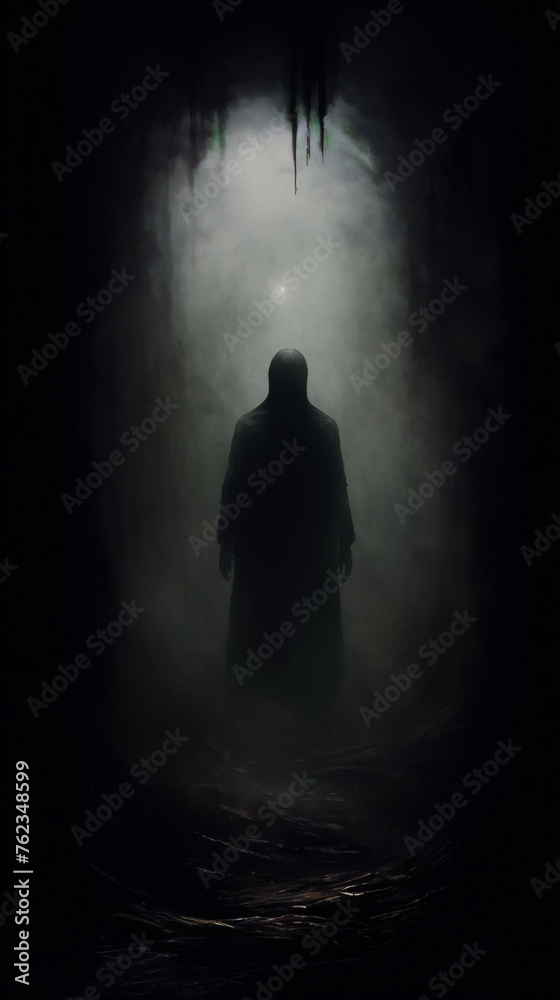 Dark figure standing in a misty forest at night with a spotlight on it