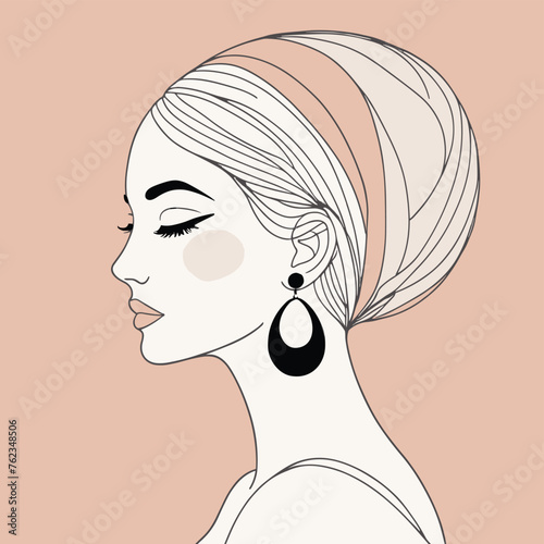 Elegant female profile illustration, featuring a serene expression and stylish headscarf against a peach background.