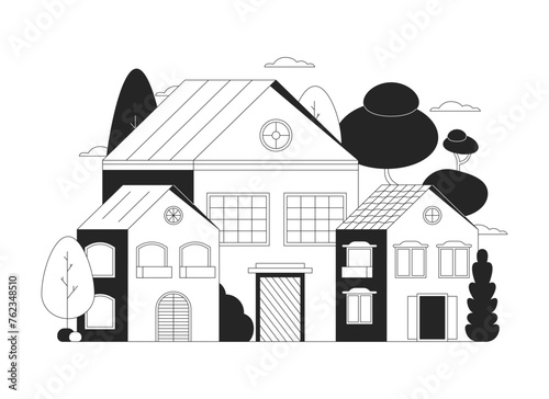 Suburban houses black and white 2D line cartoon object. Neighborhood residential trees homes isolated vector outline item. Estate properties. Suburb community monochromatic flat spot illustration