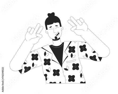Caucasian man peace fingers black and white 2D line cartoon character. Solo traveler european guy isolated vector outline person. Male tourist vacationer posing monochromatic flat spot illustration © The img