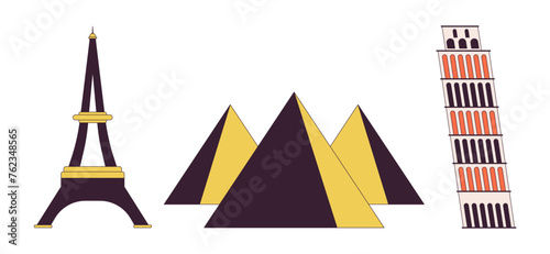 Touristic attractions 2D linear cartoon objects set. Sightseeing landmarks isolated line vector elements white background. Eiffel, Pisa tower, Egypt pyramids color flat spot illustration collection
