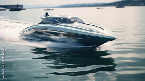A speed boat racing across a body of water. Suitable for travel and transportation concepts