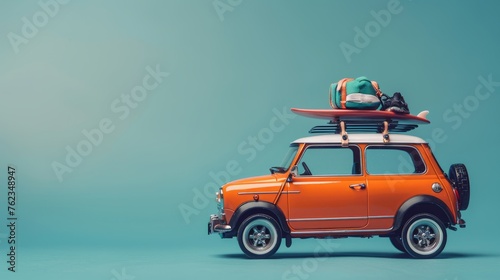 Car Packed for Summer Holiday Trip. Car with luggage and surfboard ready for summer vacation. © saichon