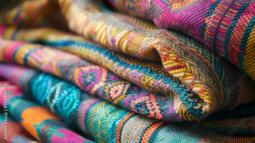 Textile originating from South America, adorned with vivid hues and elaborate patterns, expertly arranged to accentuate its cultural elegance.