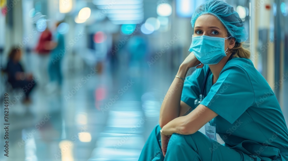 Fatigued but determined nurse in protective mask, taking a brief moment of rest in the hospital lobby Fatigued but determined nurse in protective mask, taking a brief moment of rest in the hospital lobby