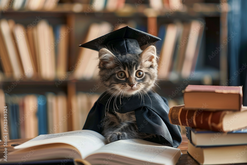 A cat wearing a graduation cap sits on a table with books