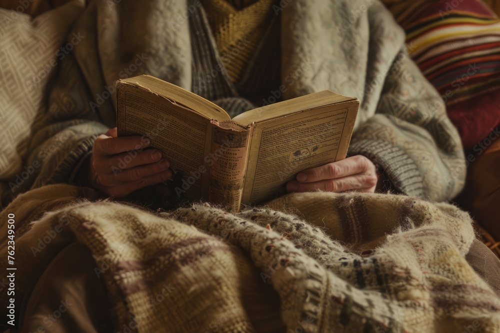 A person sitting on a couch, engrossed in reading a book in a cozy setting