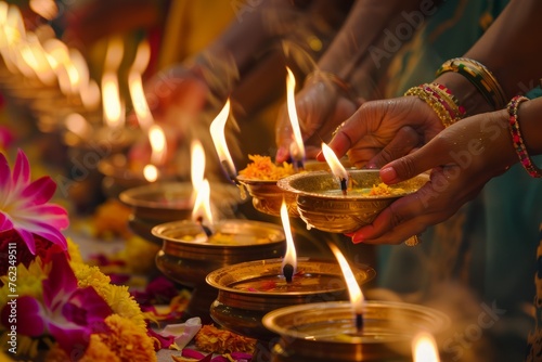 Group of people engaging in a candlelit ceremony, lighting candles on a table for a religious or cultural ritual