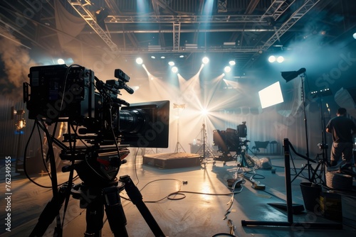 A camera placed on a stage, surrounded by bright lights, ready for a filming session photo