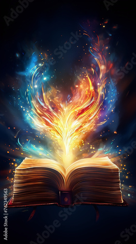 Fantasy book cover with magic fire and light effects.