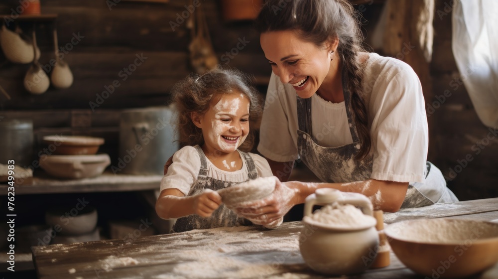 Cheerful Spanish mother and her 5-year-old daughter kneading flour dough in kitchen, family baking concept, banner