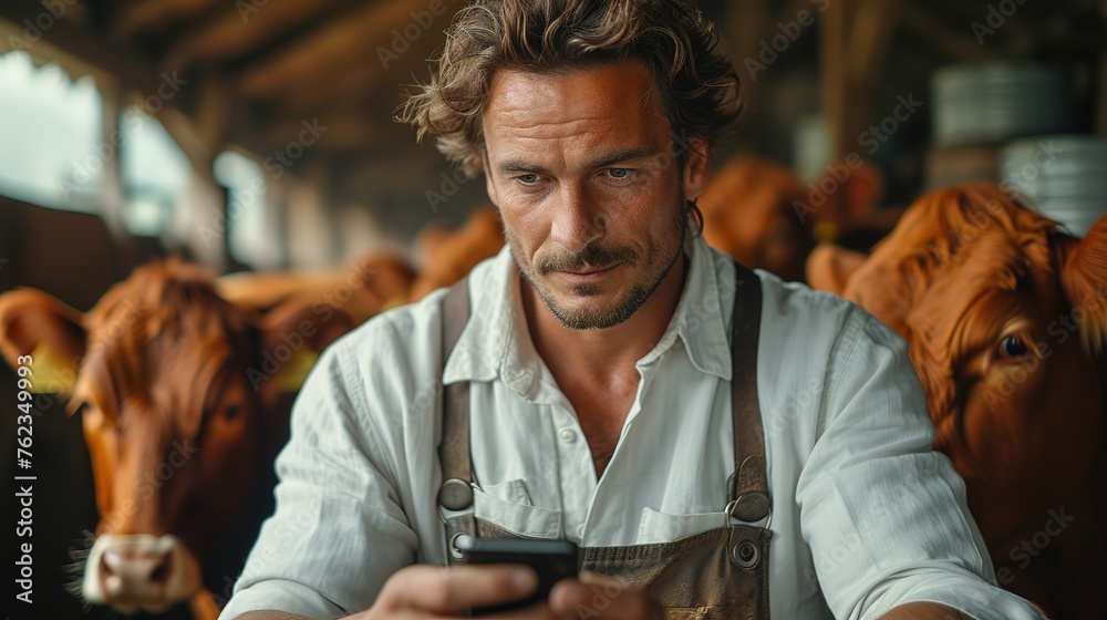 Portrait of a farmer using mobile phone while sitting in cowshed - obrazy, fototapety, plakaty 