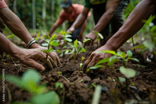 A group of people are seen planting saplings in a deforested area  showcasing efforts towards forest restoration